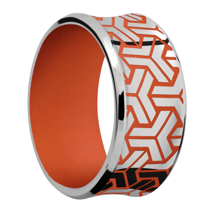 10mm wide Concave Bevel Titanium Ring with Polish Finish / Geoweave Large Design and Hunter Orange Cerakote Accents / Hunter Orange Cerakote Sleeve - Image 2