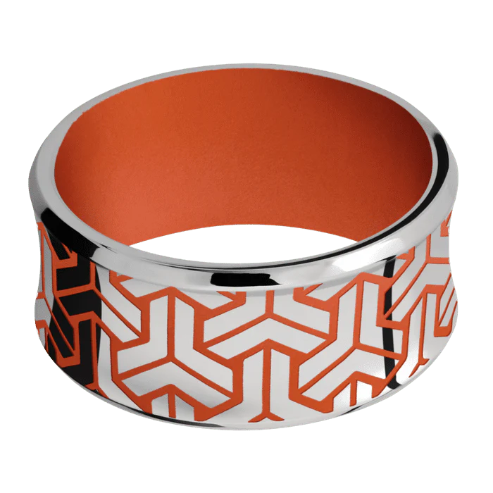 10mm wide Concave Bevel Titanium Ring with Polish Finish / Geoweave Large Design and Hunter Orange Cerakote Accents / Hunter Orange Cerakote Sleeve - Image 3