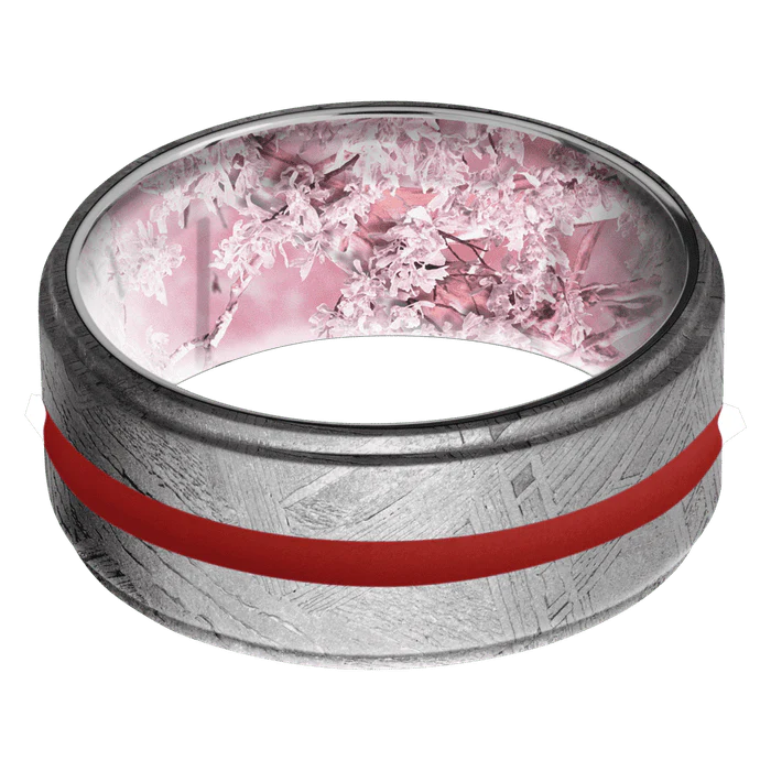 10mm wide Flat Grooved Edges Meteorite Ring / One 2mm Centered USMC Red Cerakote Inlay / Kings Pink Camo Sleeve - Image 3