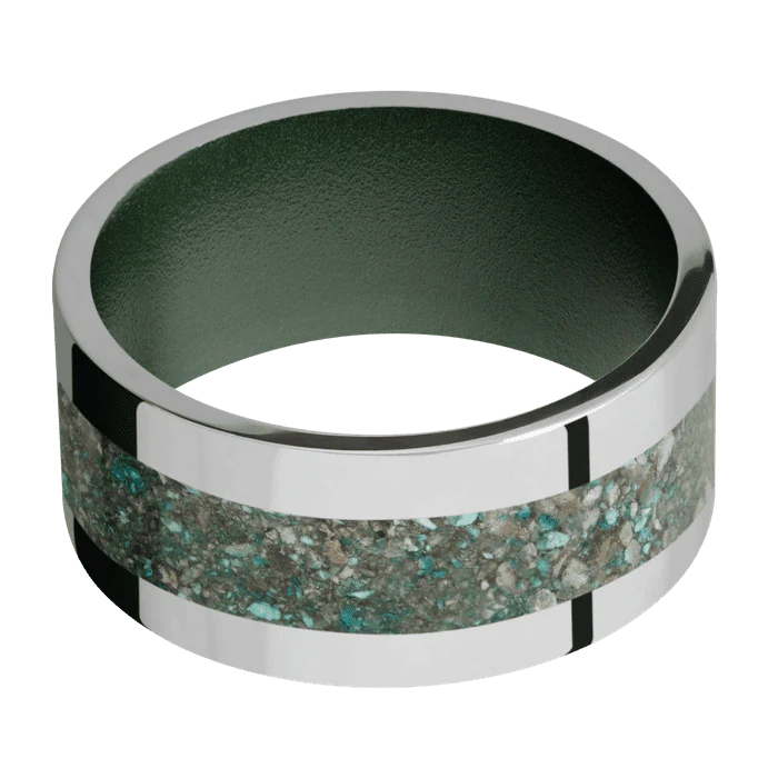 10mm wide Flat Titanium Ring with Polish Finish / One 5mm Centered Ocean Jasper Inlay / Highland Green Cerakote Sleeve - Image 3