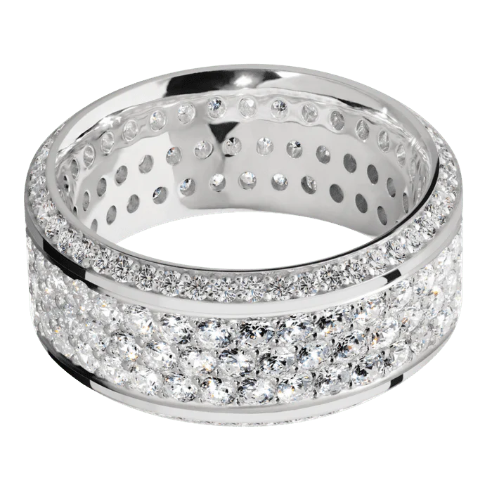 10mm wide High Bevel 18k White Gold Ring with Polish Finish / Bevel Eternity Round .01 carat Lab Grown Diamond Bead-Set Gemstones / 3 Row Eternity Round .03 carat Lab Grown Diamond Bead Channel-Set Gemstones - Image 3