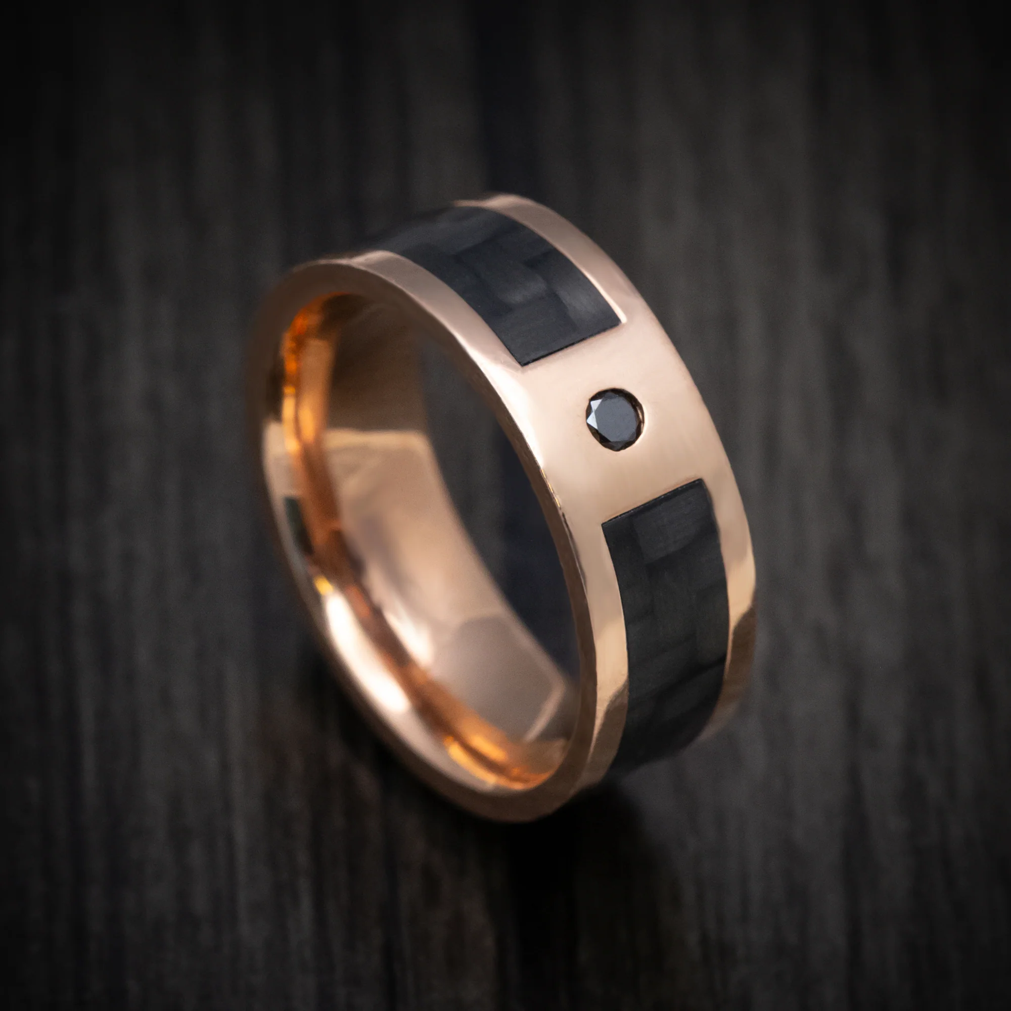 14K Gold and Carbon Fiber Men's Ring with Black Diamond Custom Made Band
