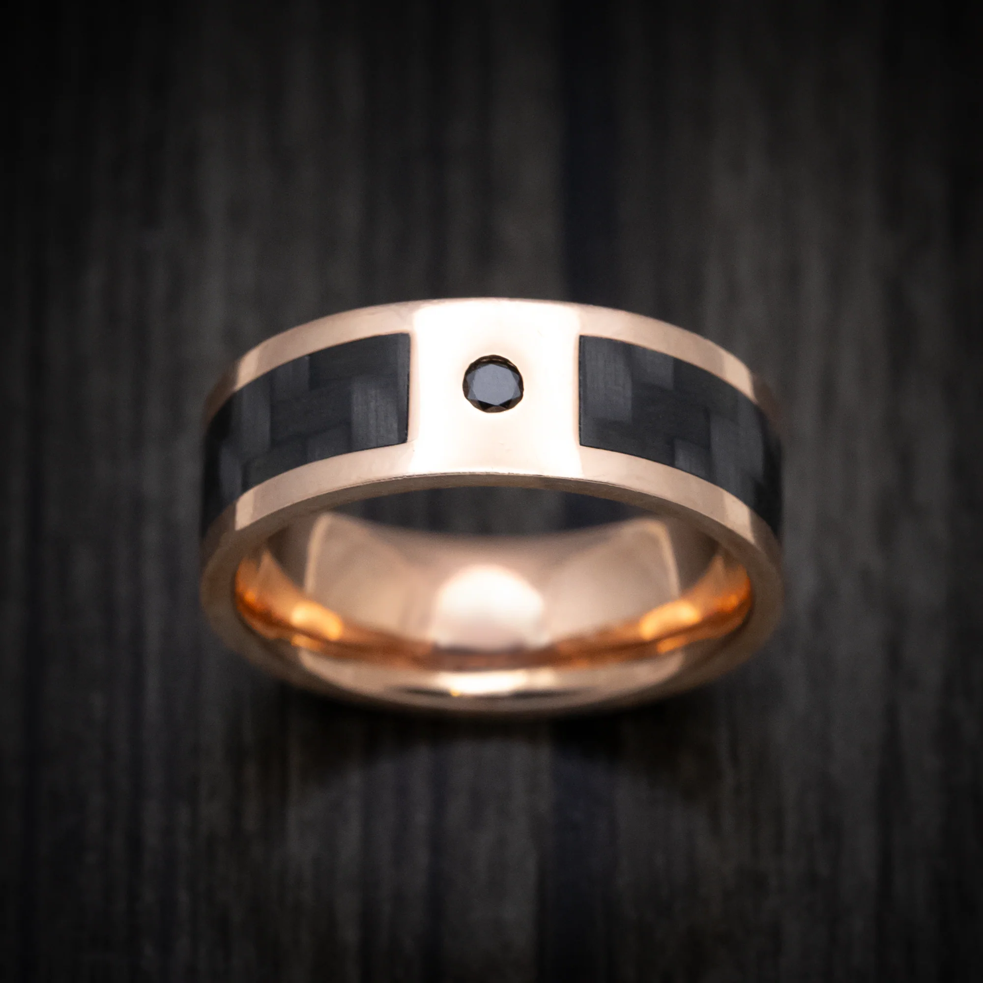 14K Gold and Carbon Fiber Men's Ring with Black Diamond Custom Made Band - Image 2
