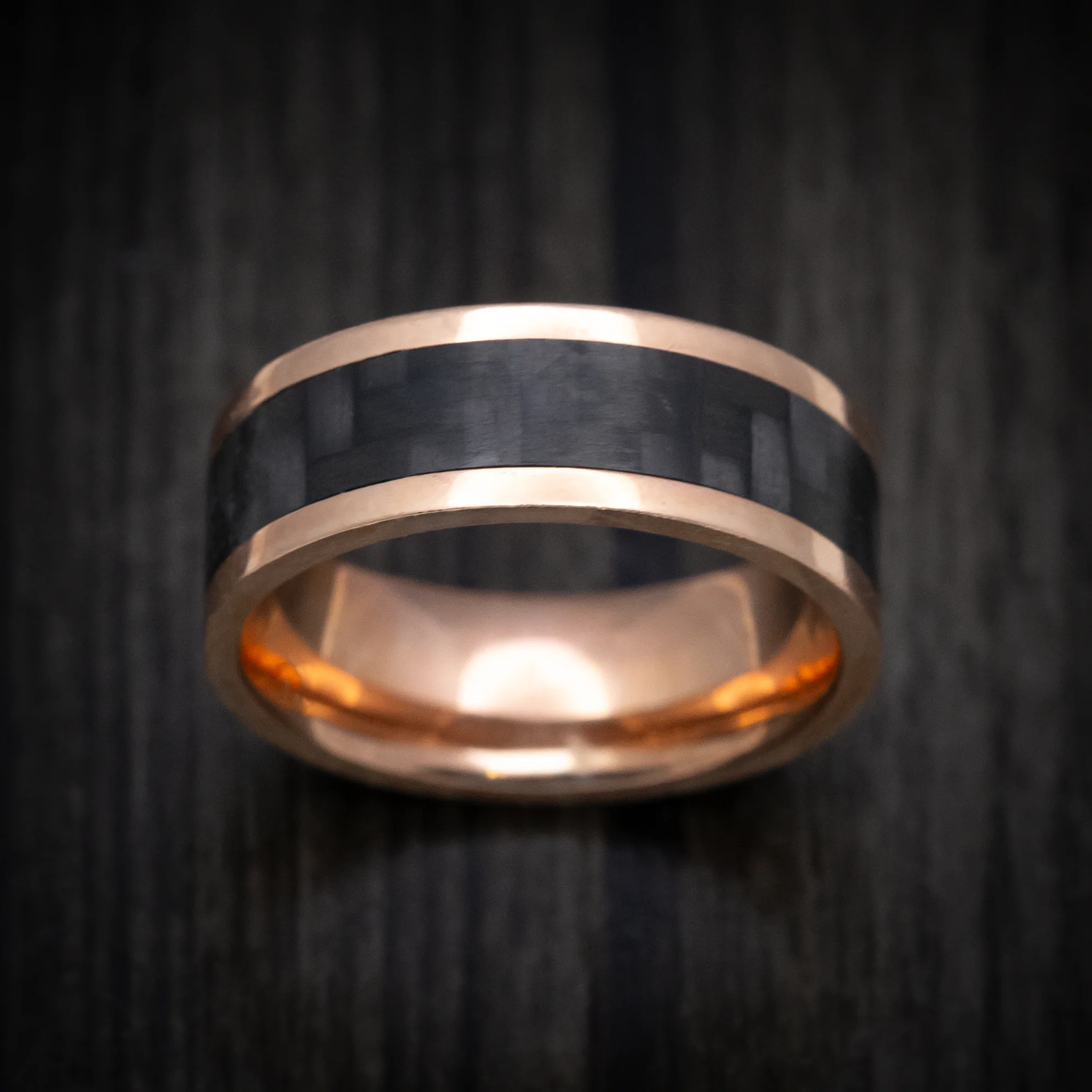 14K Gold and Carbon Fiber Men's Ring with Black Diamond Custom Made Band - Image 3