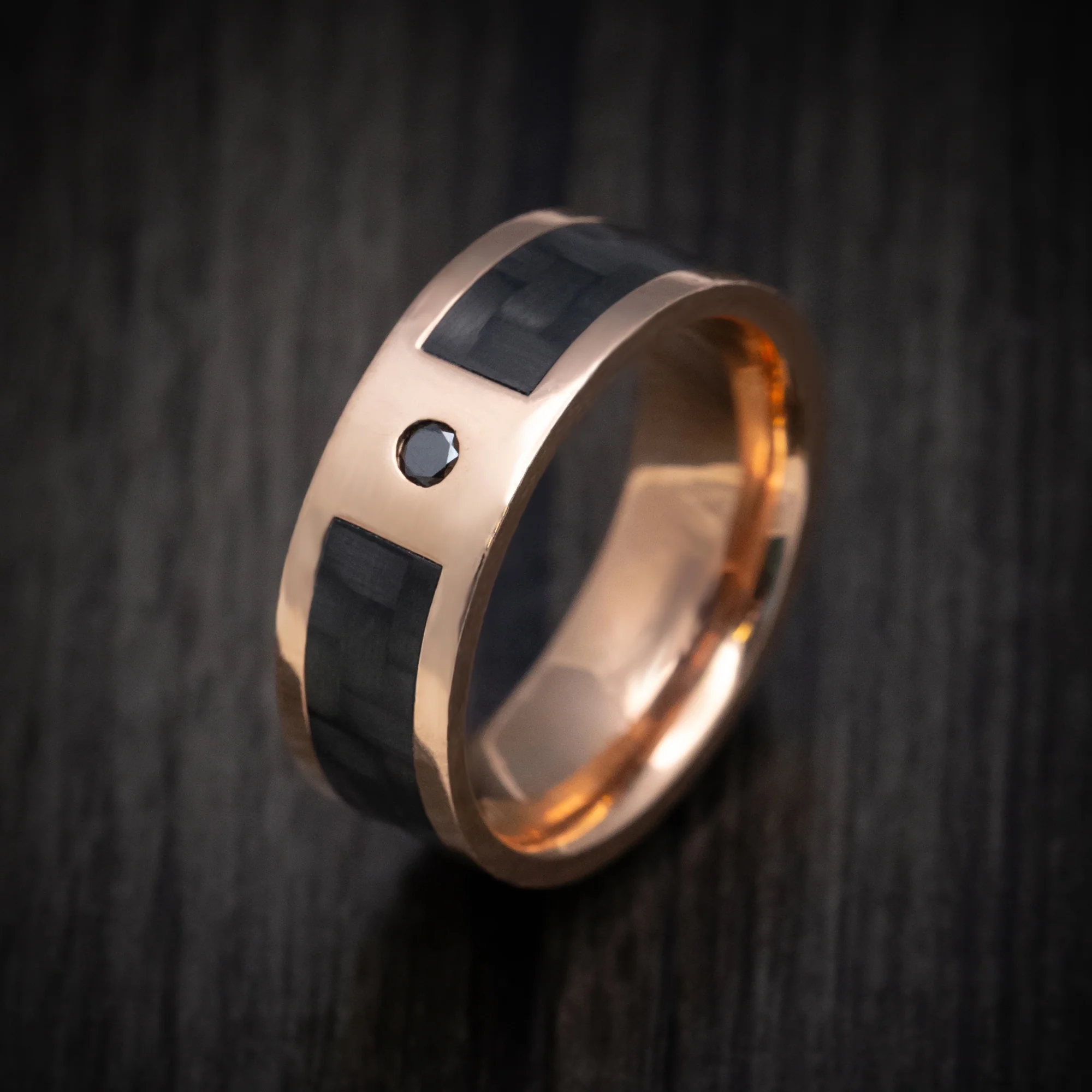 14K Gold and Carbon Fiber Men's Ring with Black Diamond Custom Made Band - Image 4