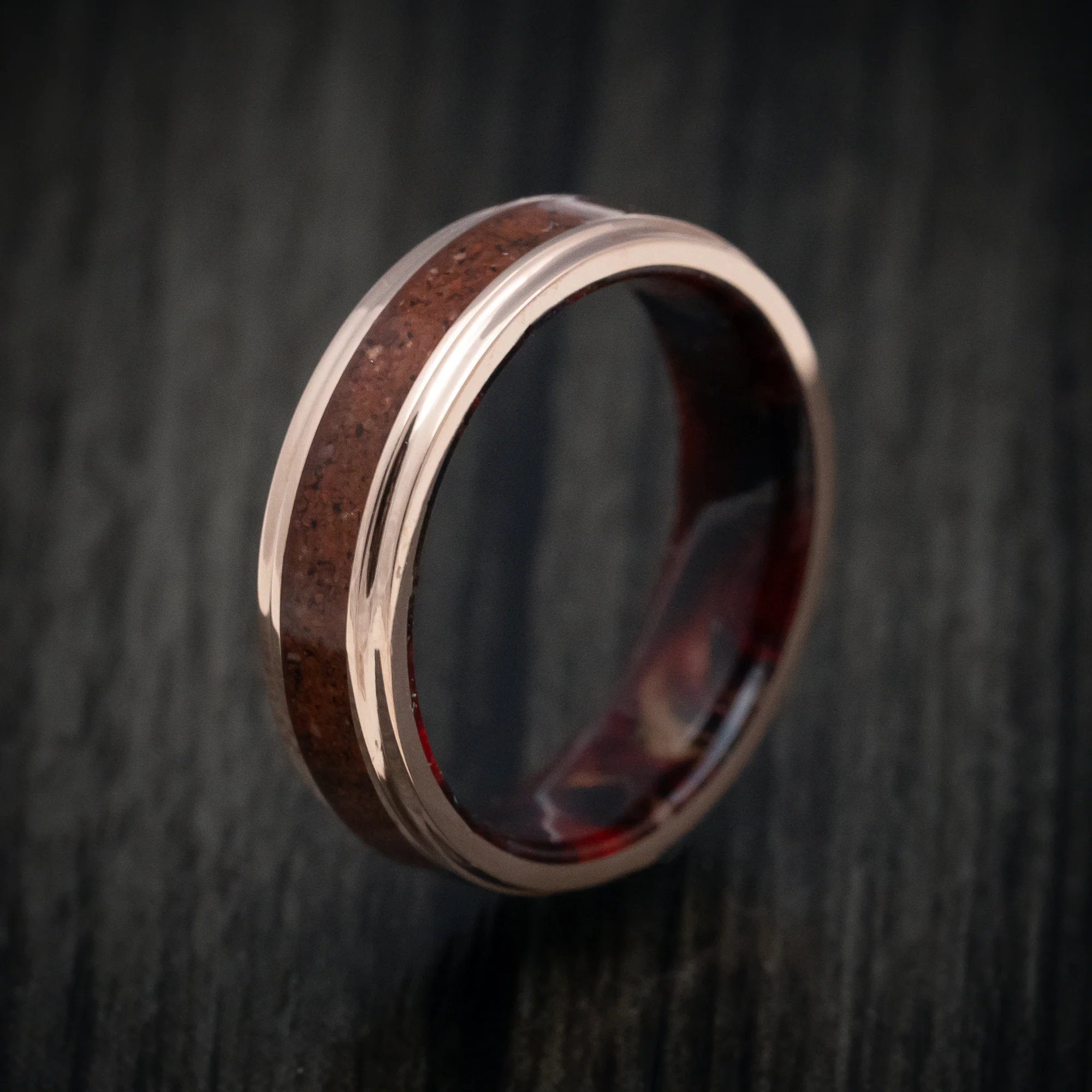 14K Gold and Dinosaur Bone Inlay Men's Ring with DiamondCast Sleeve Custom Made - Image 5