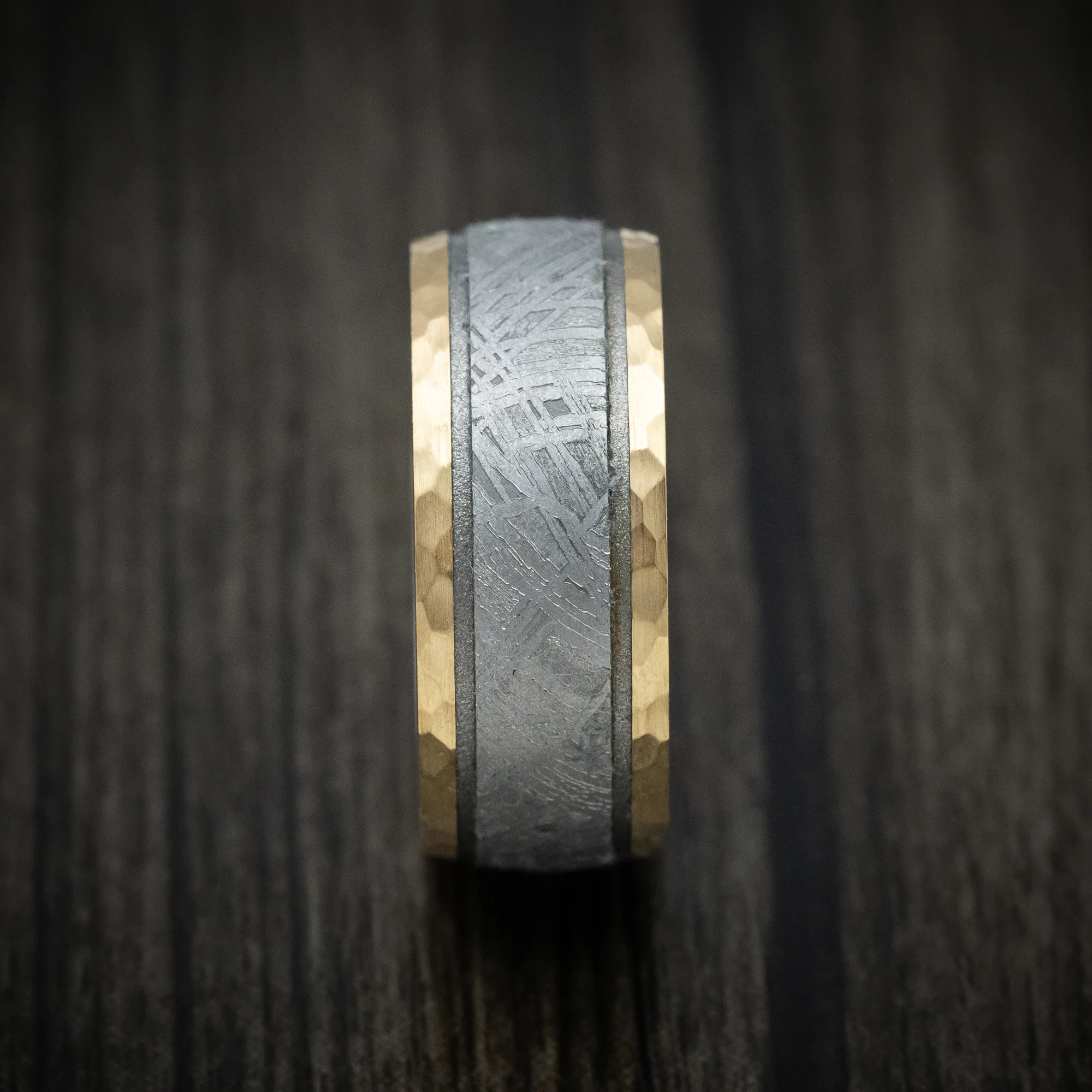14K Gold and Gibeon Meteorite Men's Ring with Damascus Steel Sleeve and Cerakote Grooves - Image 3
