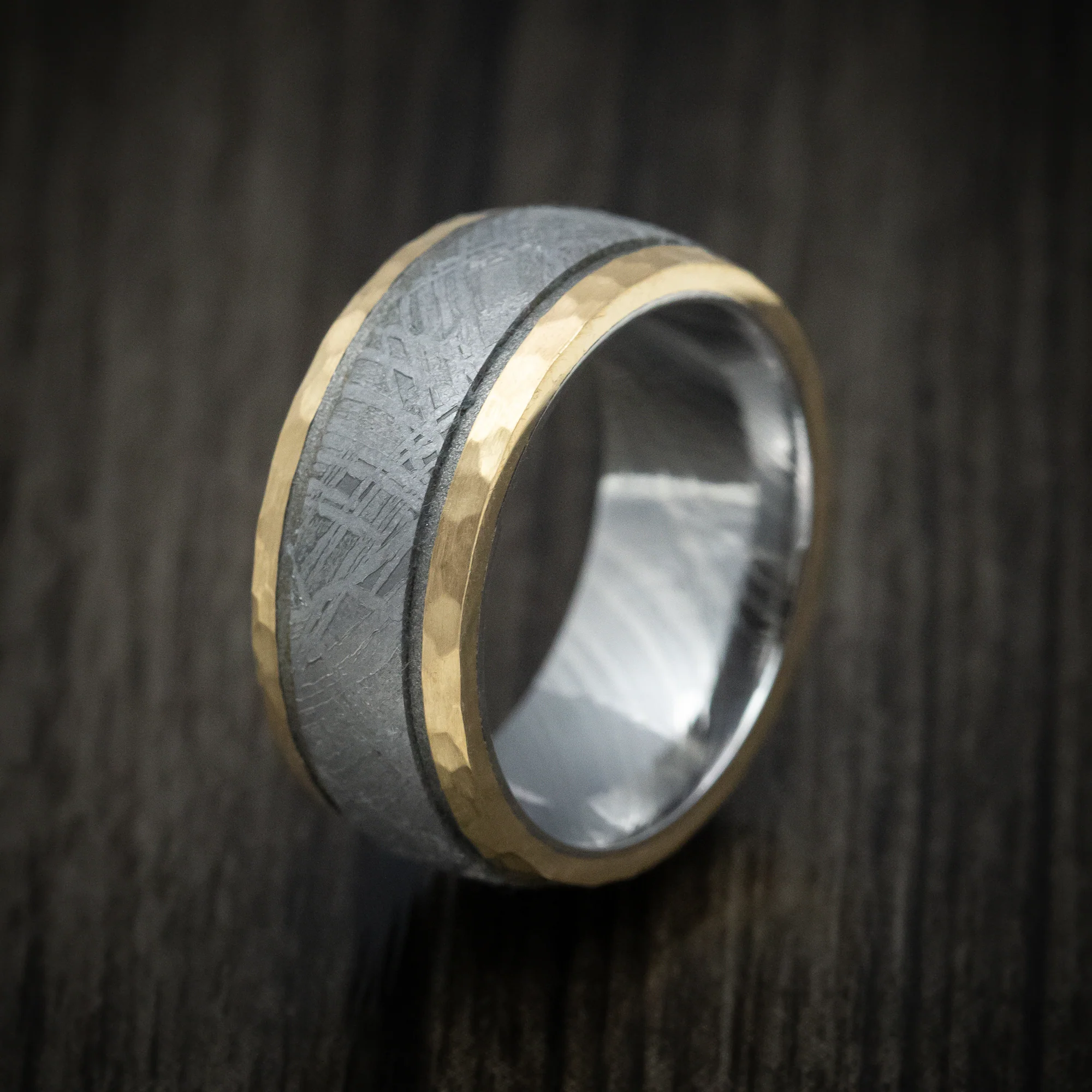14K Gold and Gibeon Meteorite Men's Ring with Damascus Steel Sleeve and Cerakote Grooves - Image 4