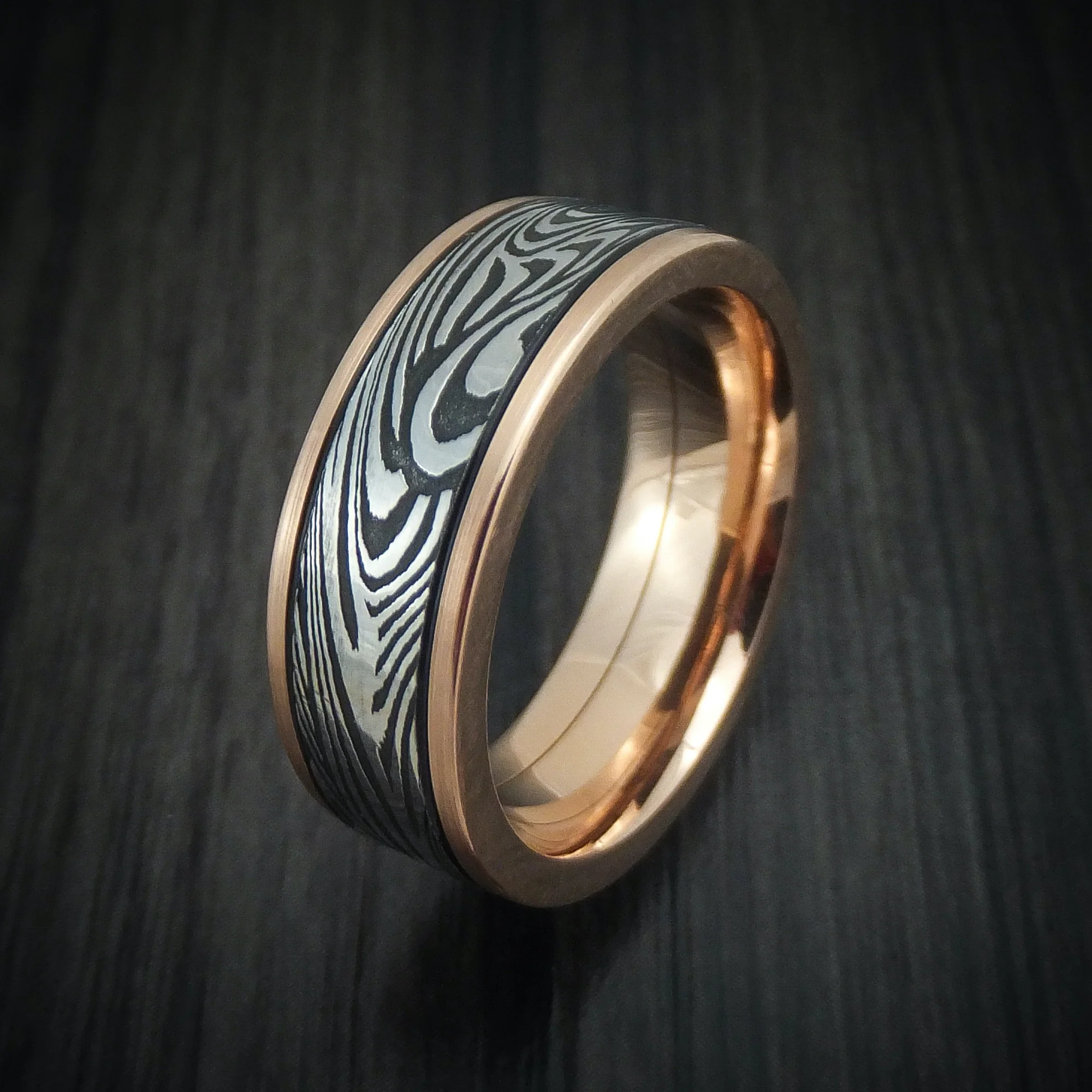 Rose Gold and Sunset Kuro Damascus Steel Men's Ring Custom Made - Image 4