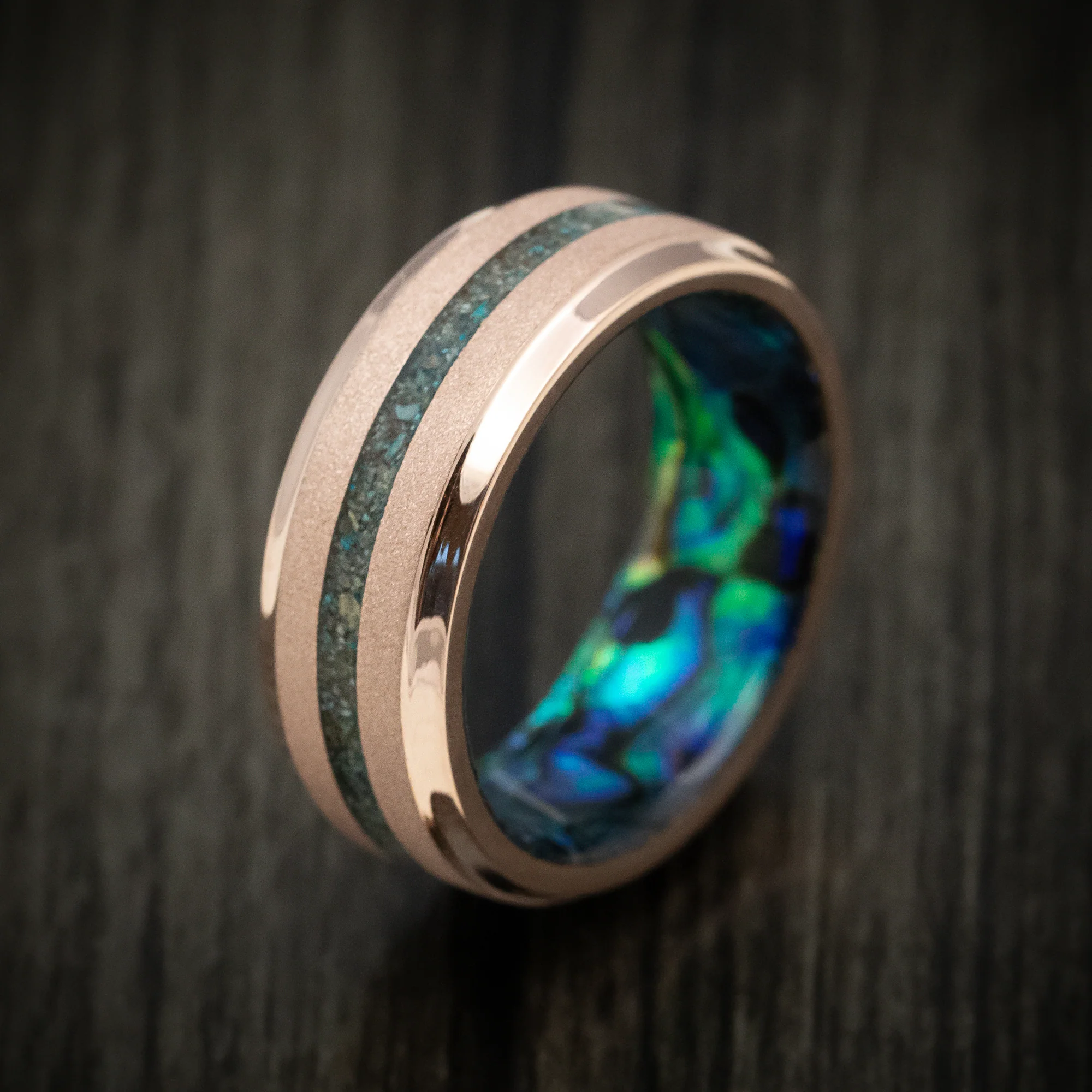 14K Gold Men's Ring with Ocean Jasper Stone Inlay and Abalone Sleeve Custom Made Band - Image 4