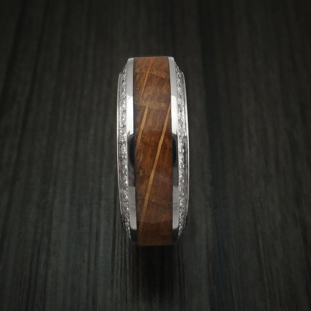 White Gold Men's Ring With Wood Inlay And Eternity Set Diamonds Custom Made Band - Image 2