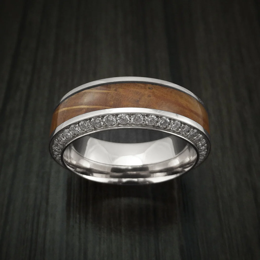 White Gold Men's Ring With Wood Inlay And Eternity Set Diamonds Custom Made Band - Image 3