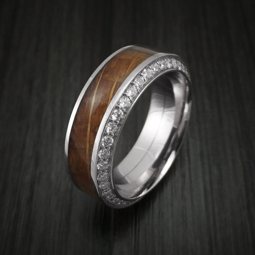 White Gold Men's Ring With Wood Inlay And Eternity Set Diamonds Custom Made Band - Image 4