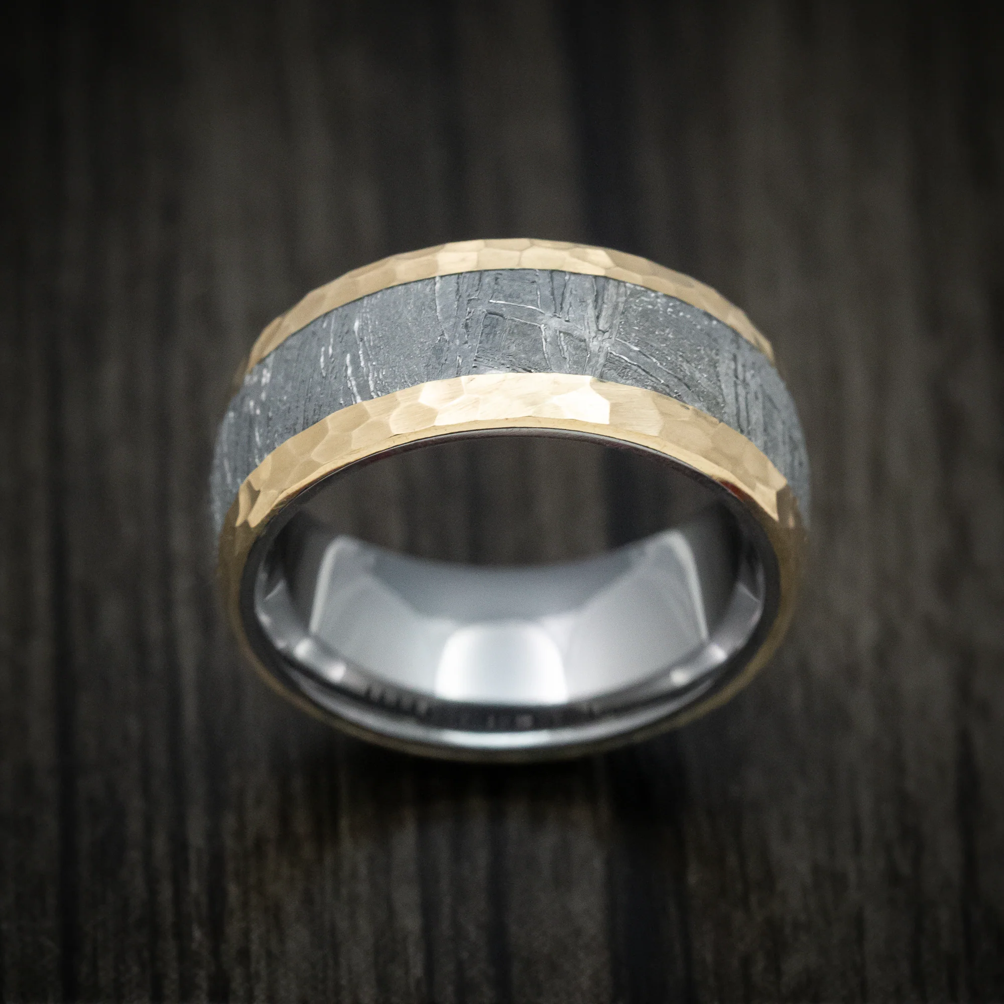 14K Gold Men's Ring with Meteorite Inlay and Tantalum Sleeve Custom Made Band - Image 2