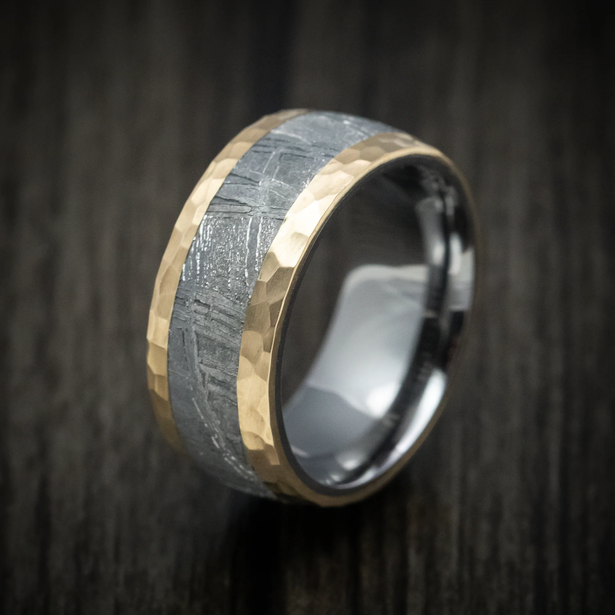 14K Gold Men's Ring with Meteorite Inlay and Tantalum Sleeve Custom Made Band - Image 4