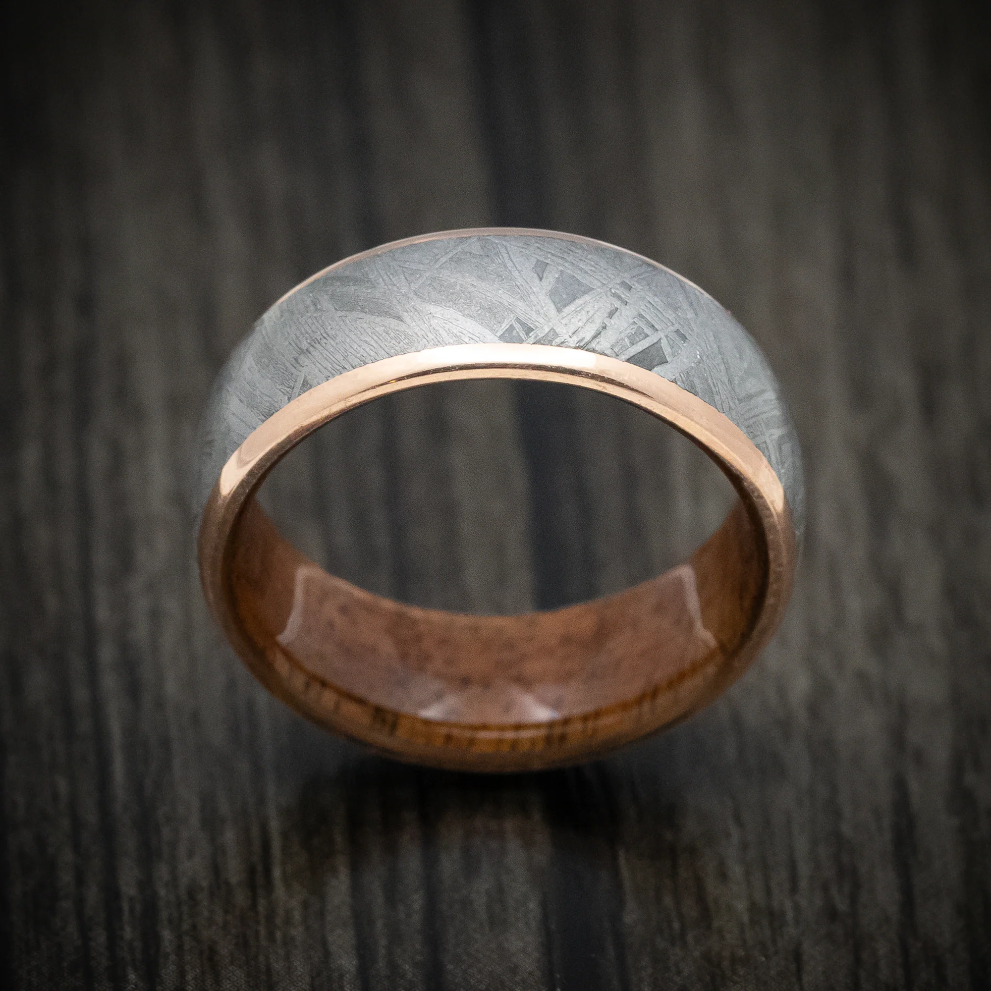 14K Gold Men's Ring with Meteorite Inlay and Wood Sleeve - Image 2
