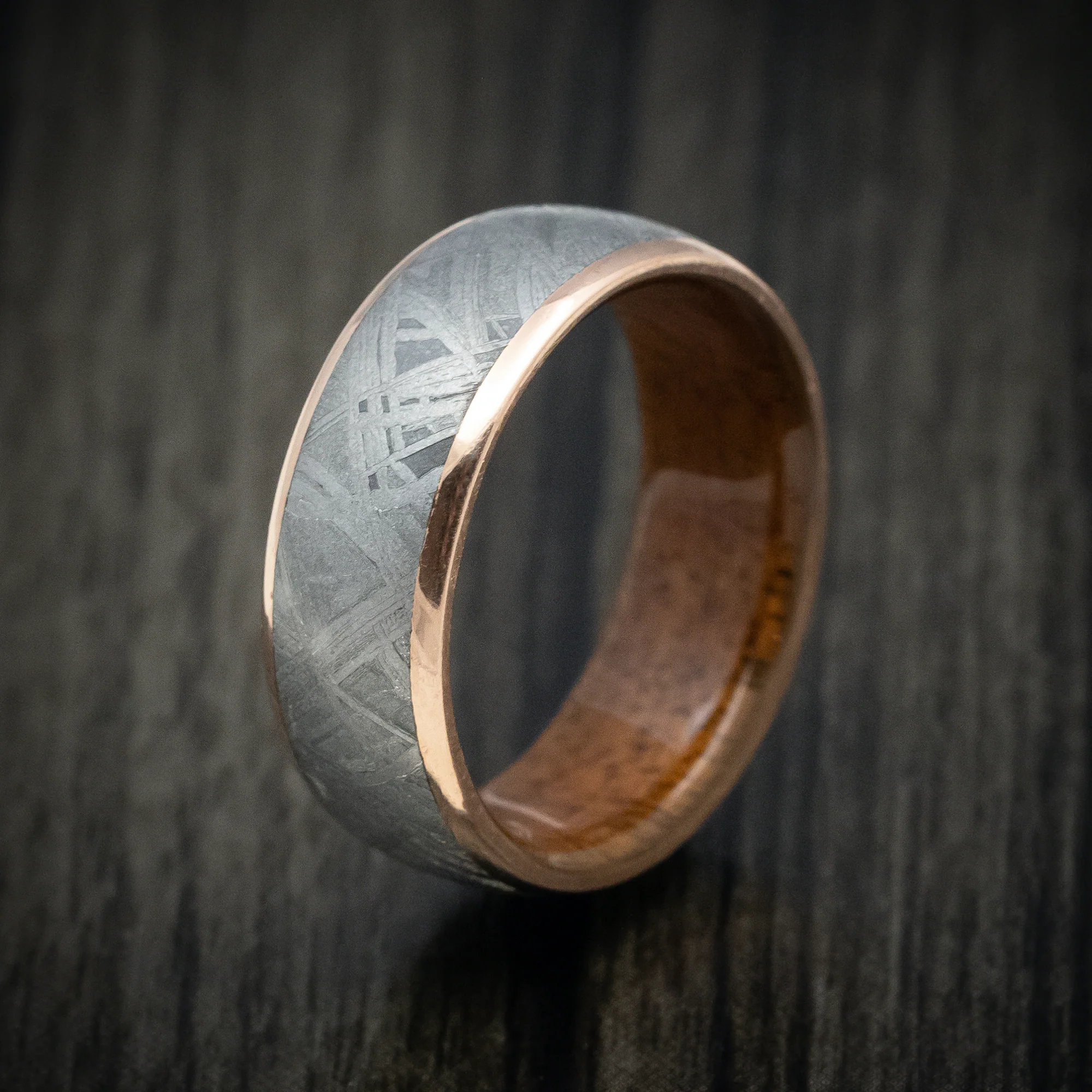 14K Gold Men's Ring with Meteorite Inlay and Wood Sleeve - Image 4