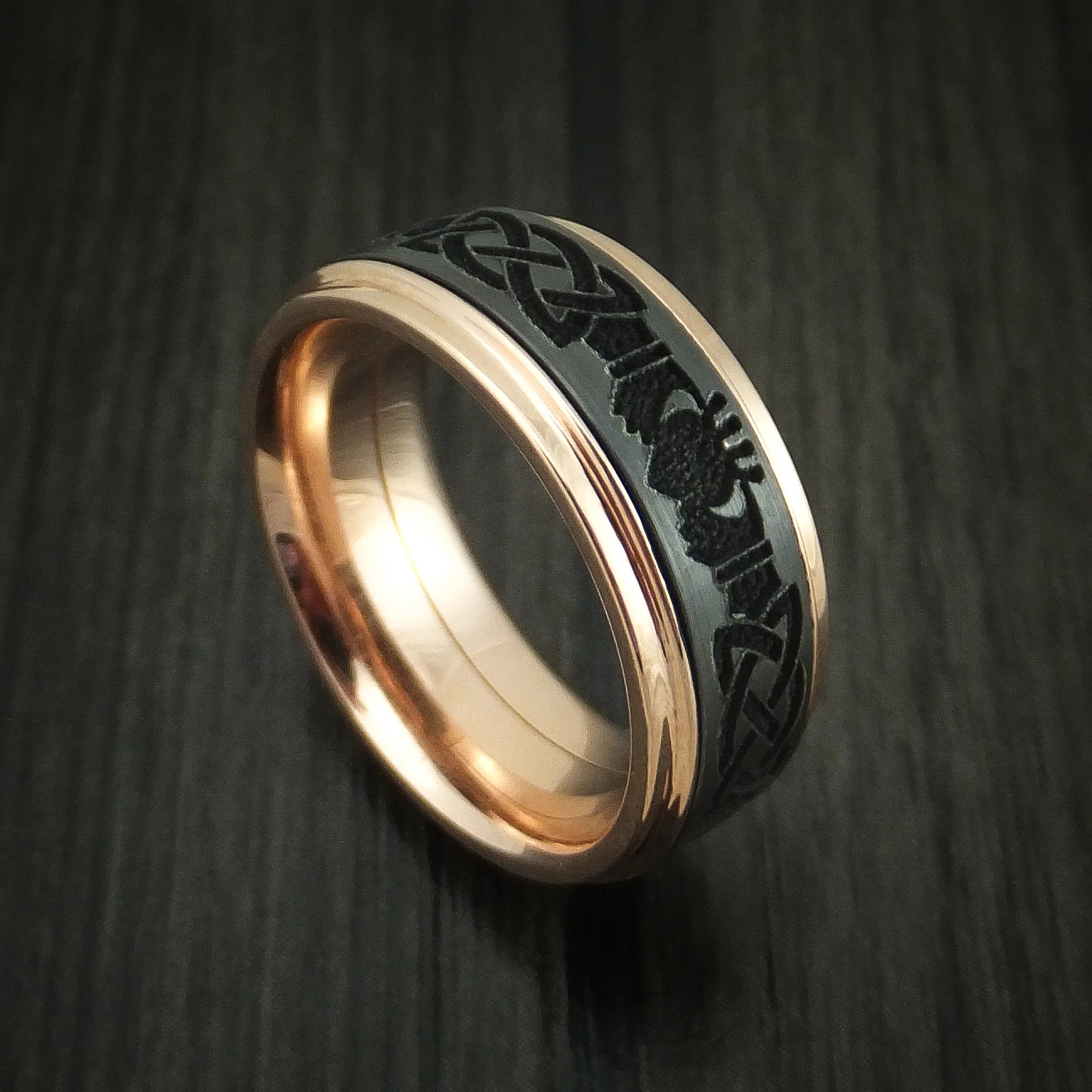 Rose Gold and Black Zirconium Celtic Claddagh Band Custom Made Men's Ring