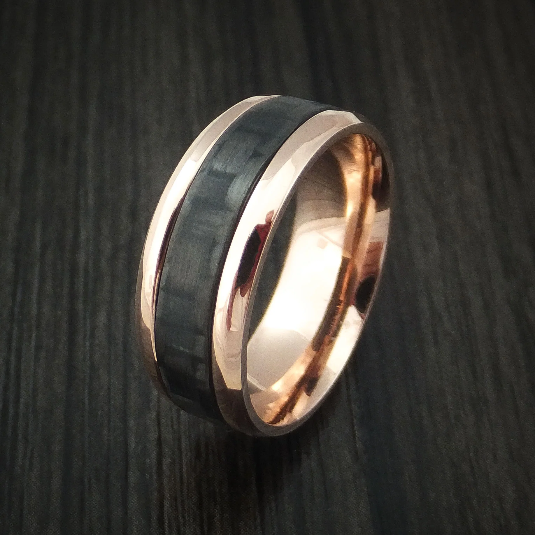 Rose Gold and Carbon Fiber Men's Ring Custom Made Band - Image 4