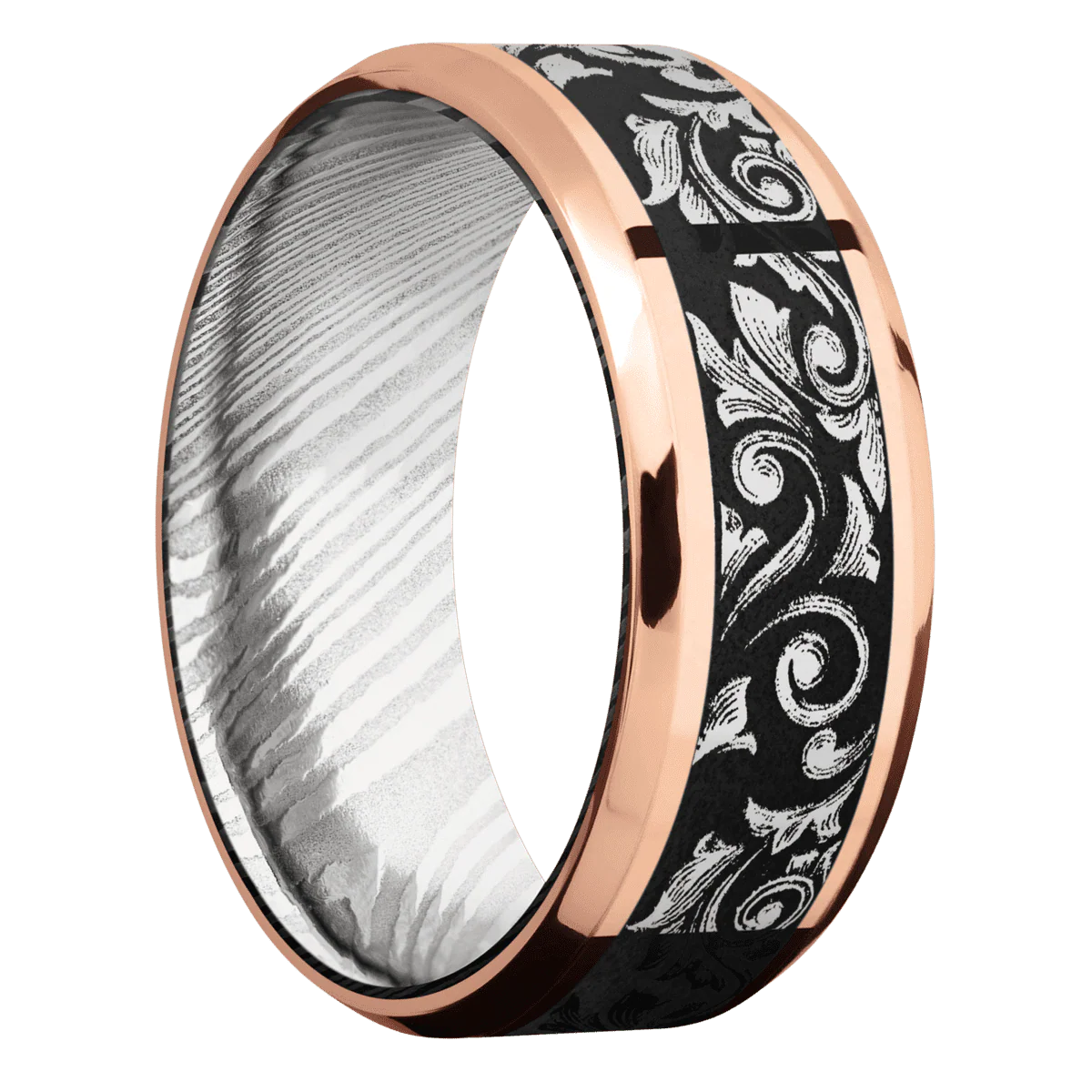 14K Rose Gold + Polish , Polish Finish + Damascus