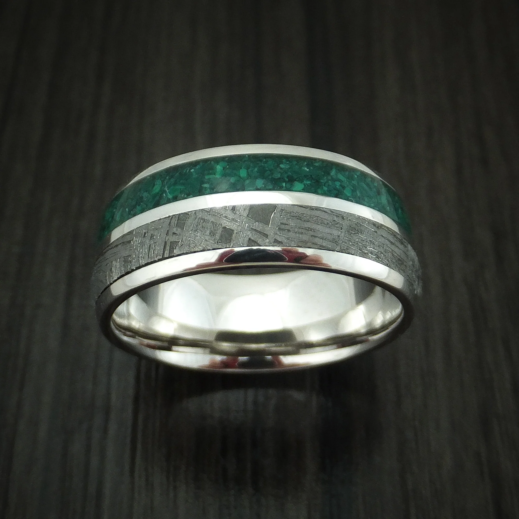 14K White Gold Meteorite and Malachite Men's Ring Custom Made - Image 2