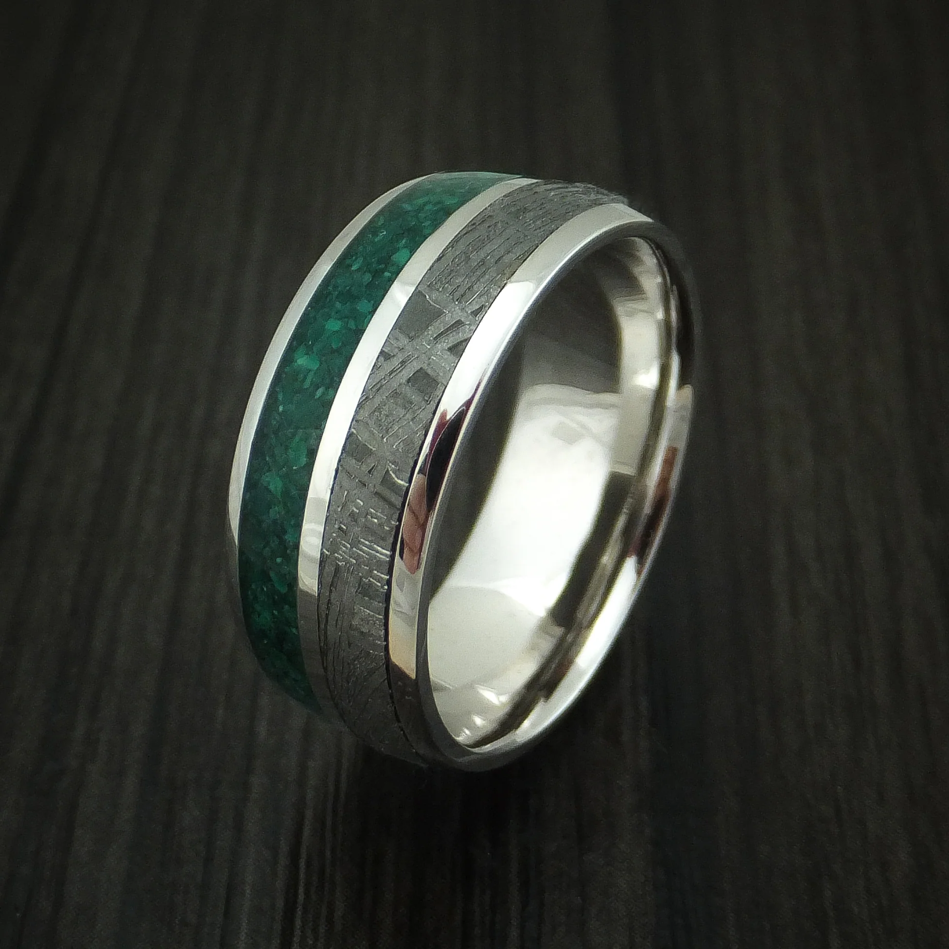 14K White Gold Meteorite and Malachite Men's Ring Custom Made - Image 3
