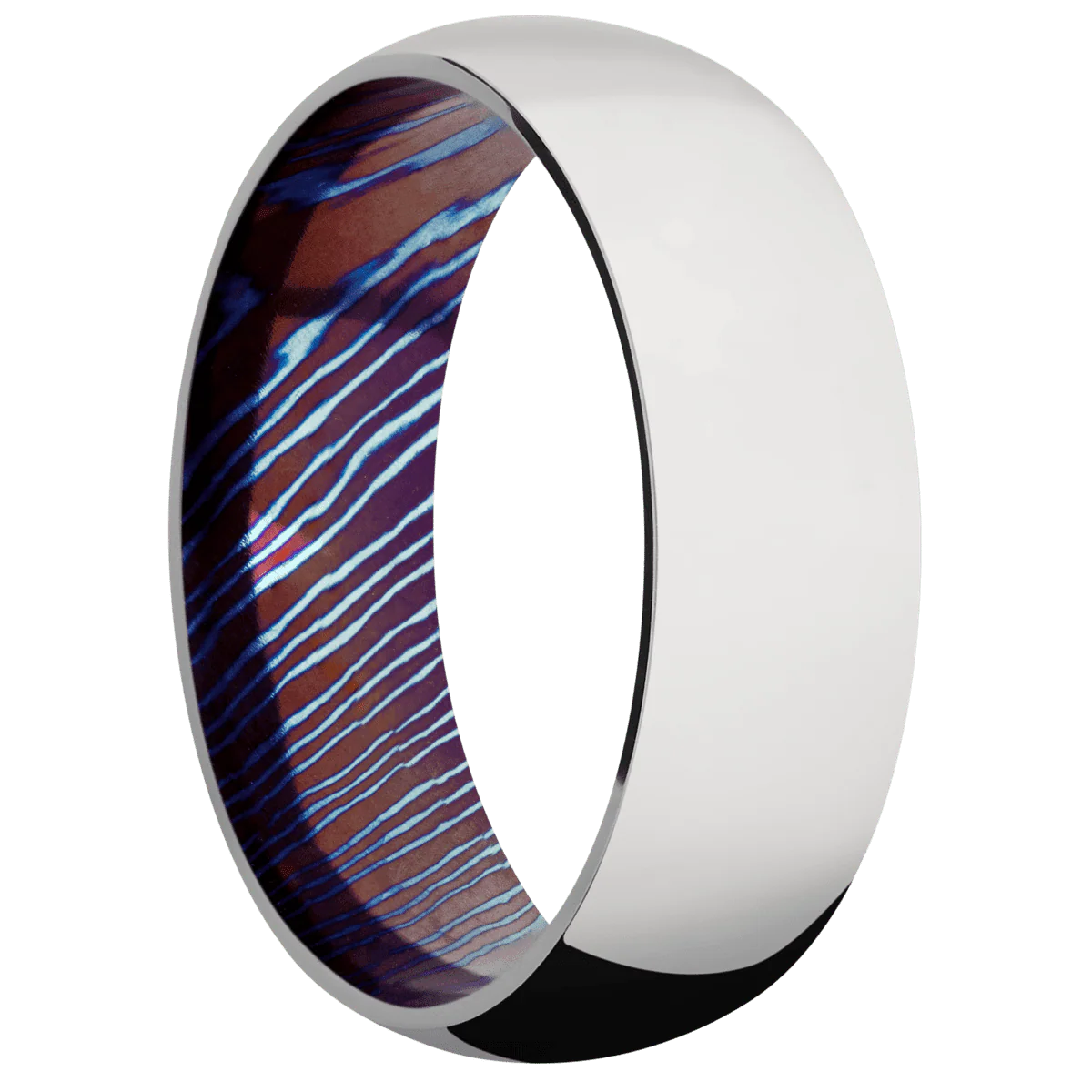 14K White Gold + Polish Finish + Titanium Damascus