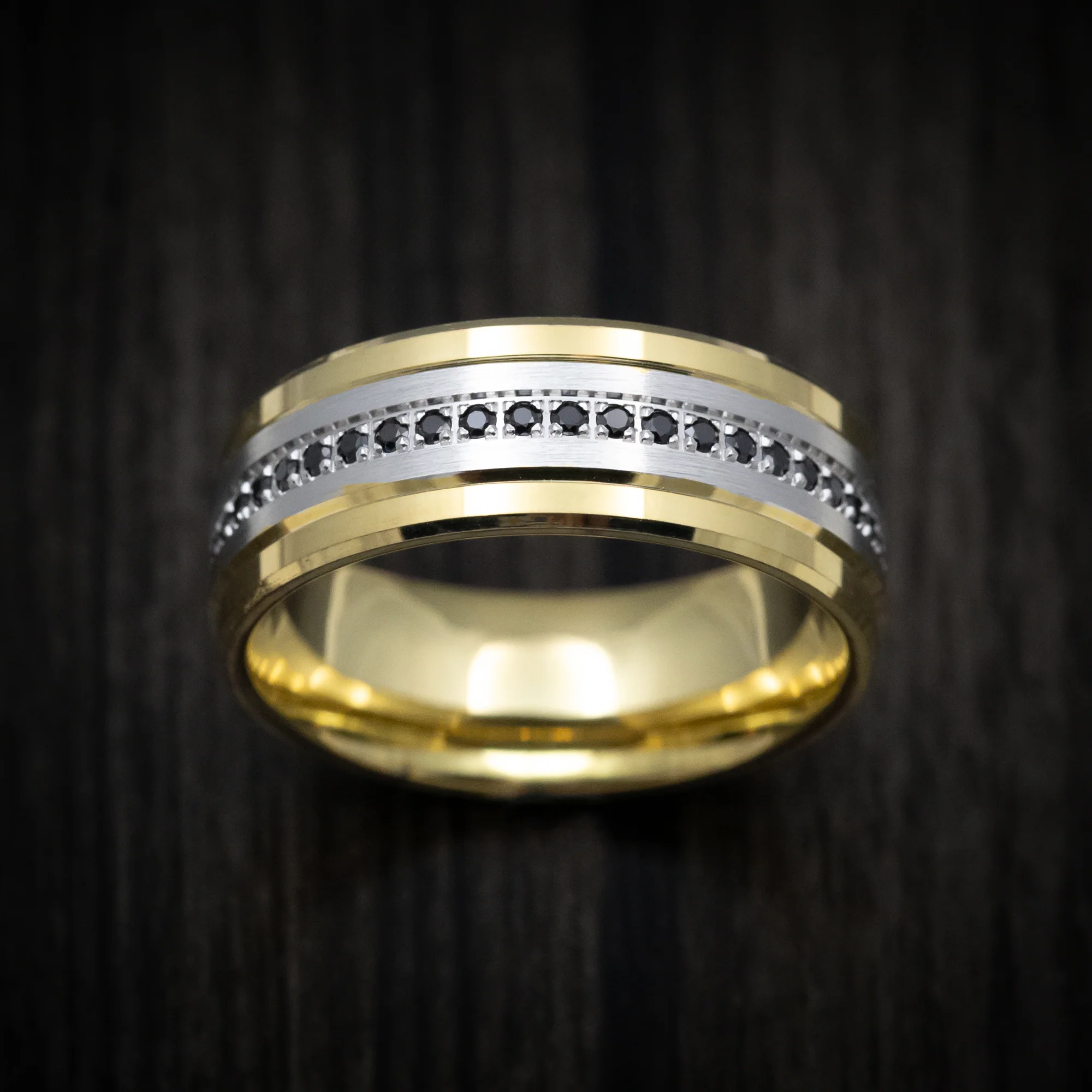 14K Yellow and White Gold Men's Ring with Black Diamonds - Image 2