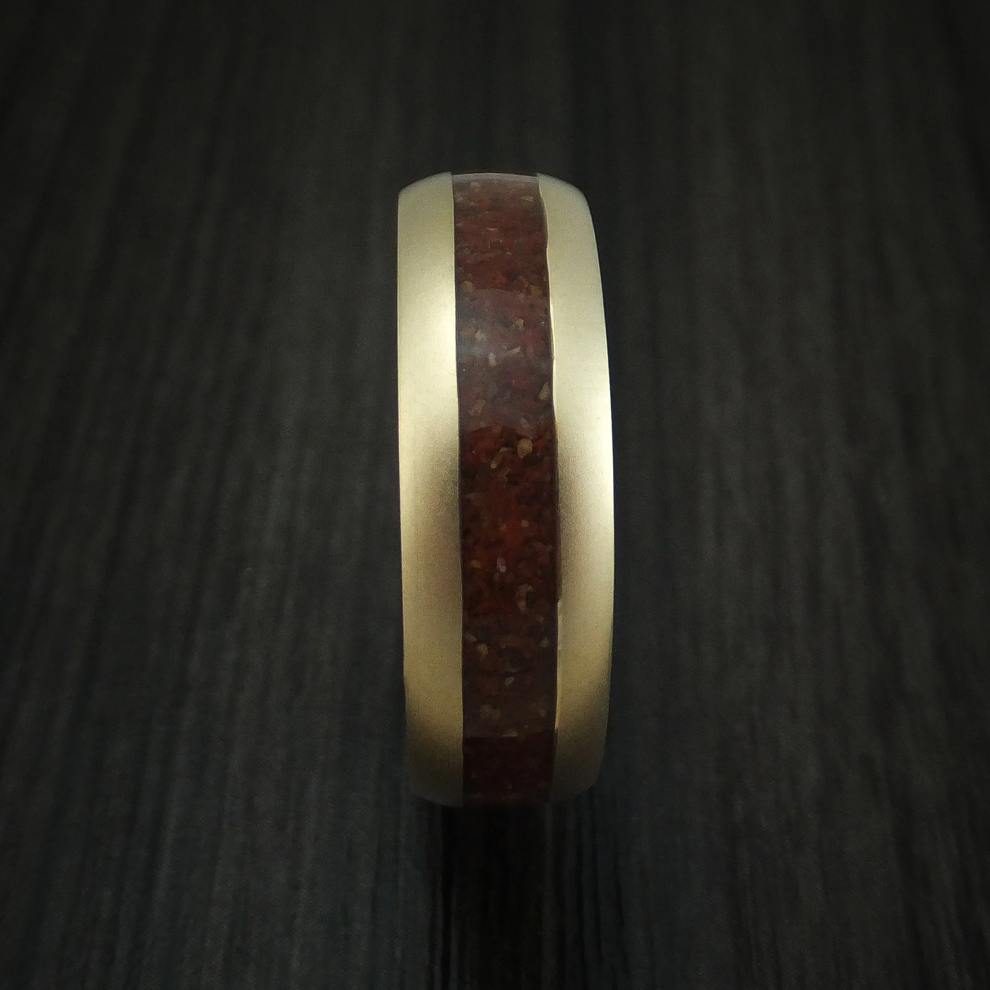 14K Yellow Gold And Mixed Dinosaur Bone Men's Ring With Desert Ironwood Burl Wood Sleeve Custom Made Fossil Band - Image 3