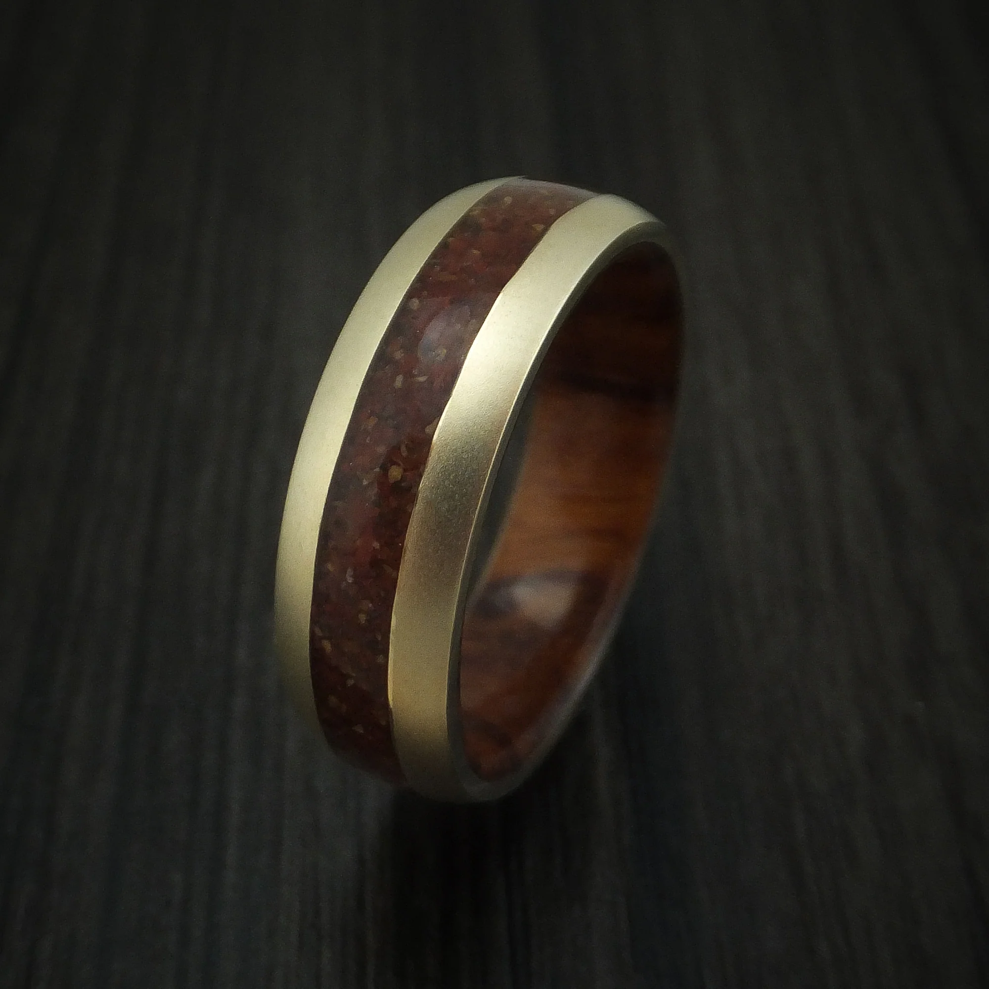 14K Yellow Gold And Mixed Dinosaur Bone Men's Ring With Desert Ironwood Burl Wood Sleeve Custom Made Fossil Band - Image 4
