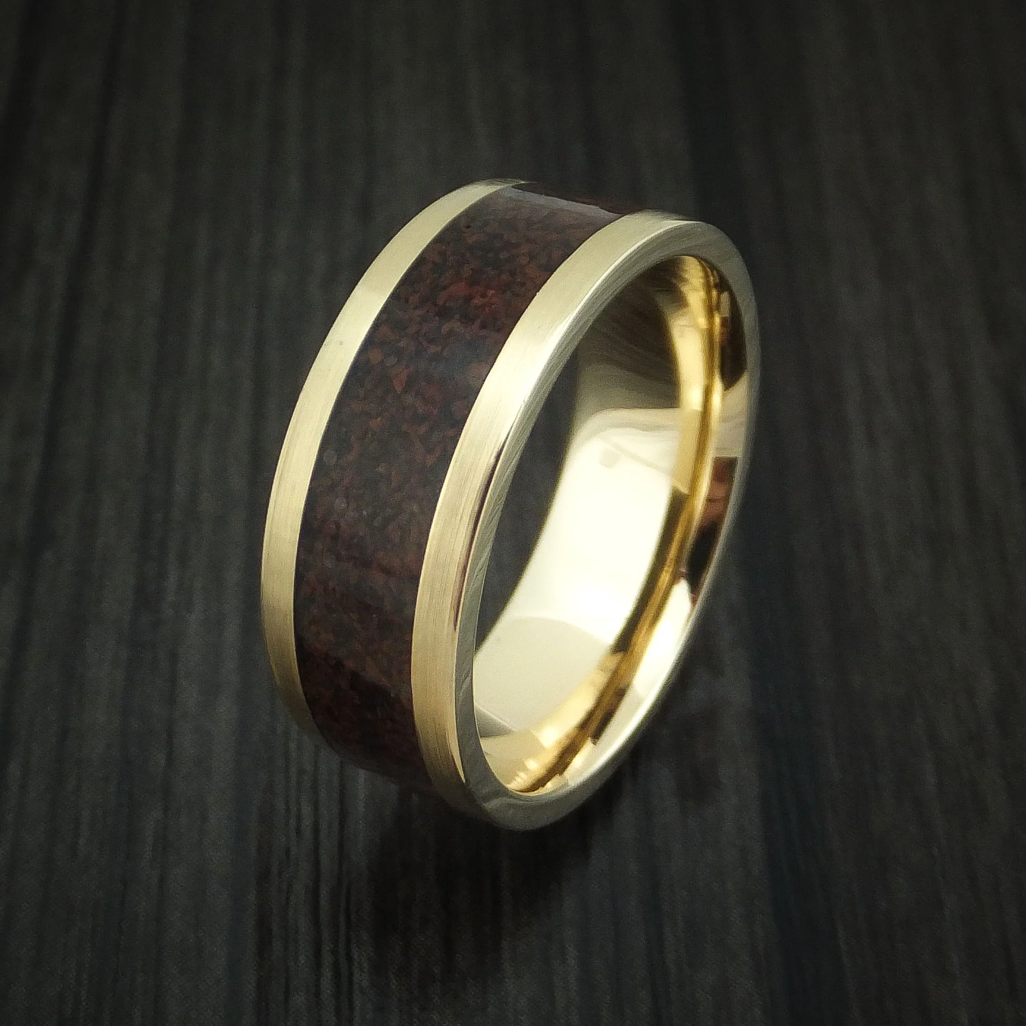 Yellow Gold and Red Dinosaur Bone Men's Ring Custom Made Fossil Band - Image 4