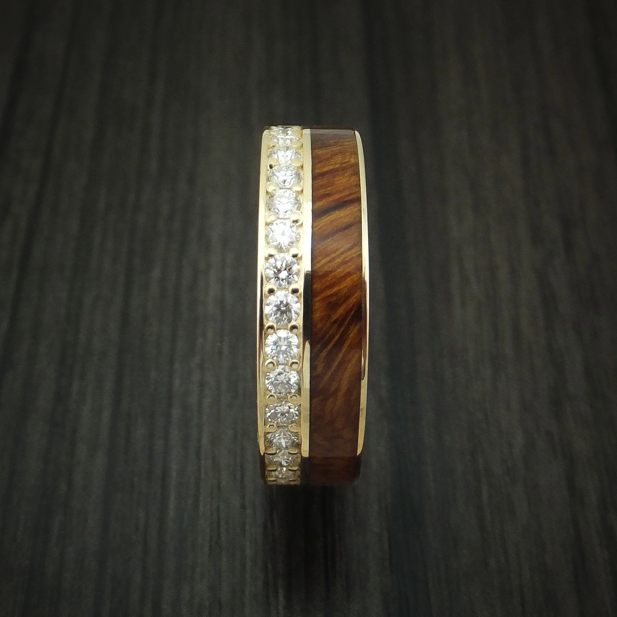 14K Yellow Gold Eternity Diamond Band with Desert Ironwood Burl Inlay Custom Made Ring - Image 3