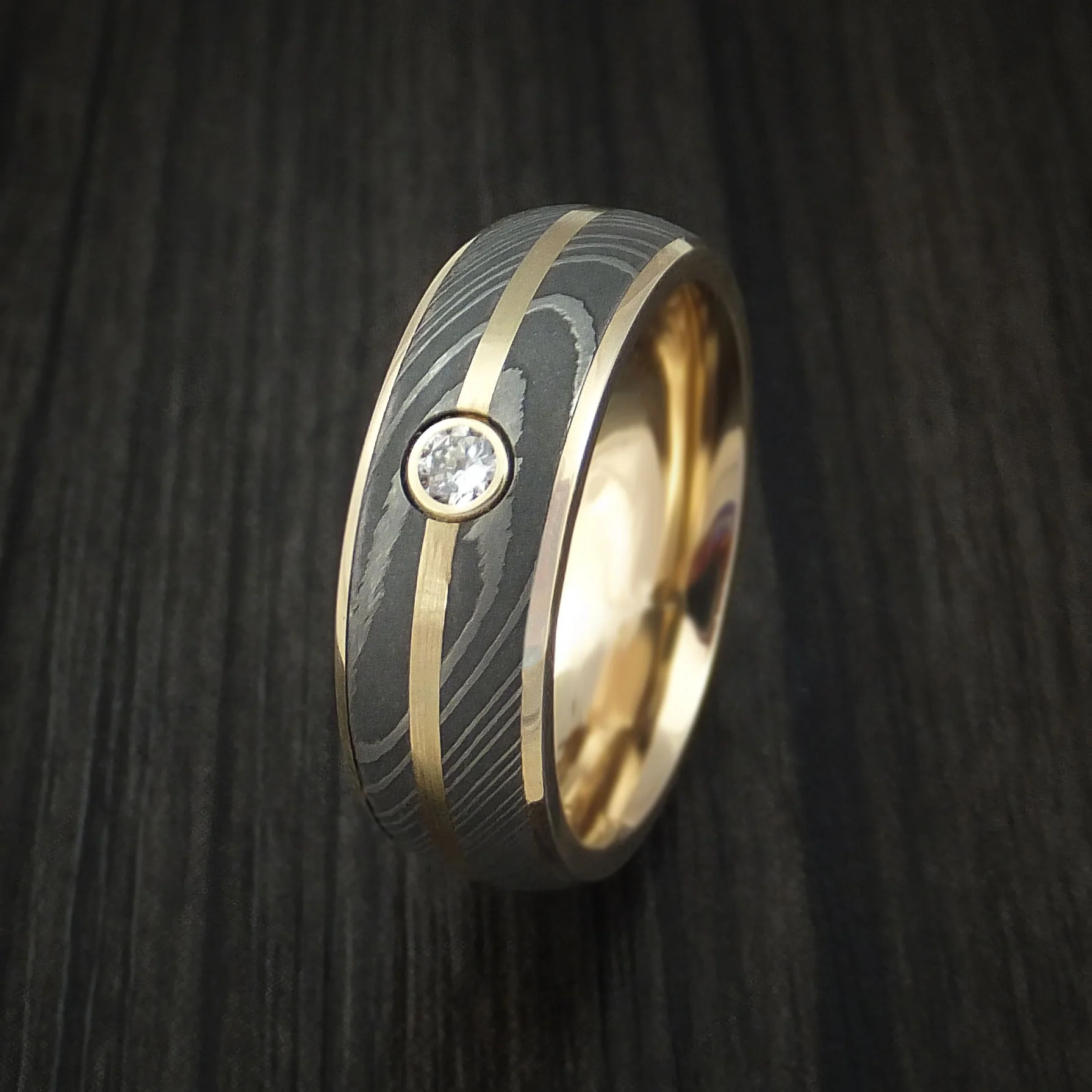 14K Yellow Gold Men's Ring with Damascus Steel and Diamond Custom Made Band - Image 4