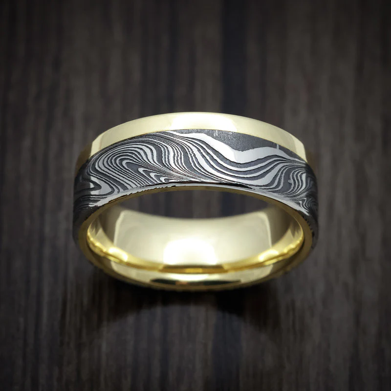 Yellow Gold Men's Ring with Marble Kuro Damascus Steel Inlay - Image 2