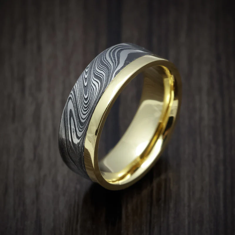 Yellow Gold Men's Ring with Marble Kuro Damascus Steel Inlay - Image 3