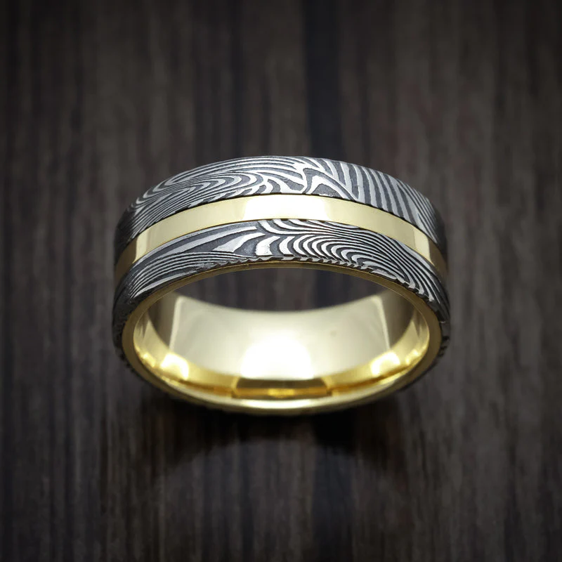 18K Gold Men's Ring with Sunset Kuro Damascus Steel Inlays - Image 3