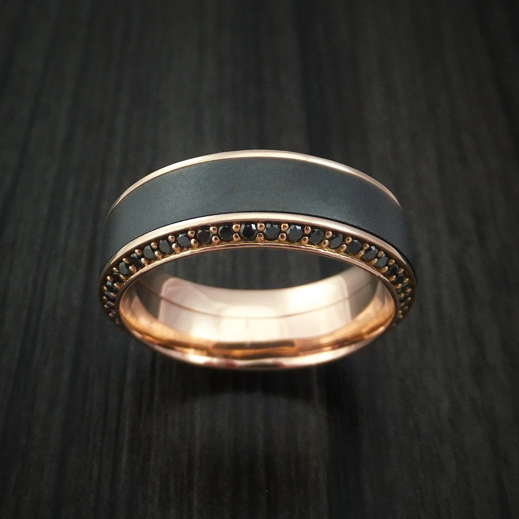 Rose Gold Men's Ring with Black Titanium Inlay and Eternity Set Black Diamonds Custom Made Band - Image 2