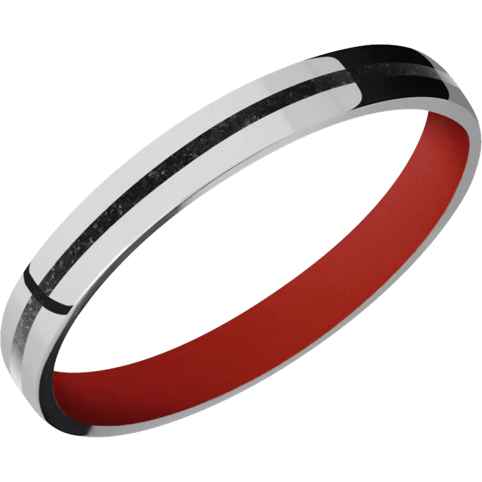 3mm wide Flat Titanium Ring with Polish Finish / One 1mm Centered Black Dinosaur Bone Inlay / Red Apple Cerakote Sleeve