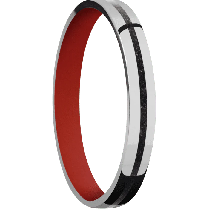 3mm wide Flat Titanium Ring with Polish Finish / One 1mm Centered Black Dinosaur Bone Inlay / Red Apple Cerakote Sleeve - Image 2