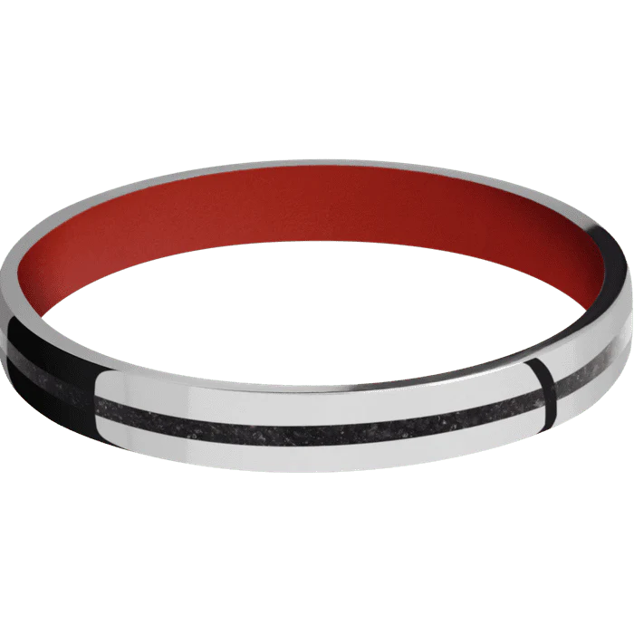 3mm wide Flat Titanium Ring with Polish Finish / One 1mm Centered Black Dinosaur Bone Inlay / Red Apple Cerakote Sleeve - Image 3