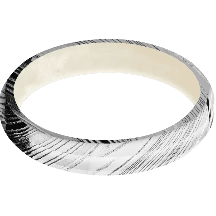 4mm wide Domed Center Concave Kuro Damascus Steel Ring with Polish Kuro Damascus Finish / Freshwater Mother of Pearl Sleeve - Image 3