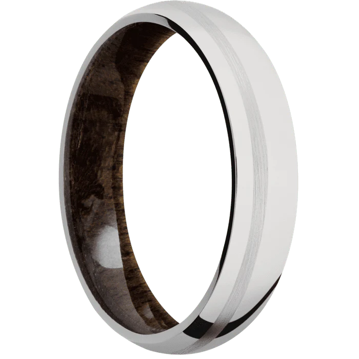 5mm wide Domed 14k White Gold Ring with Polish Finish / One 1mm Off Center 14k White Gold Inlay with Satin Finish / Walnut Sleeve - Image 2