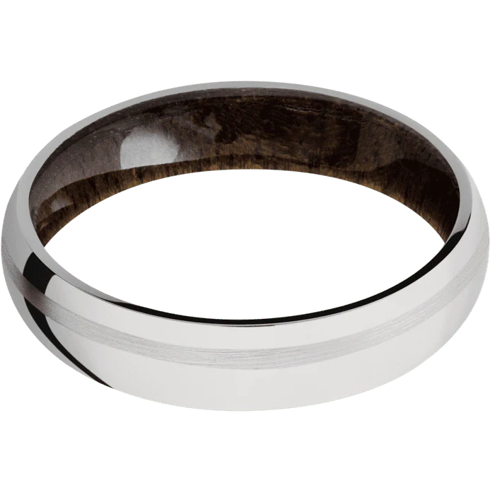 5mm wide Domed 14k White Gold Ring with Polish Finish / One 1mm Off Center 14k White Gold Inlay with Satin Finish / Walnut Sleeve - Image 3