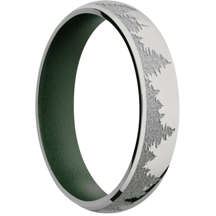 5mm wide Domed Titanium Ring with Polish Finish / Trees Design and Crushed Silver Cerakote Accents / Highland Green Cerakote Sleeve - Image 2