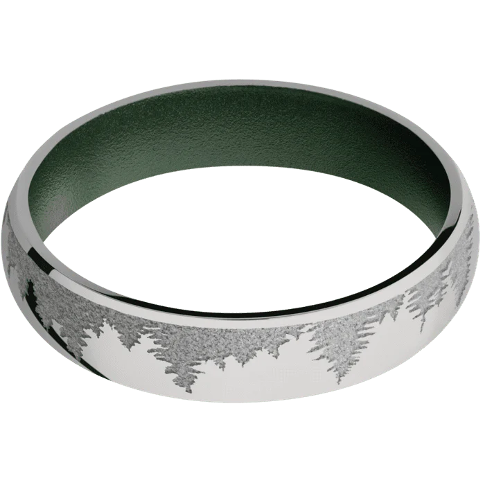 5mm wide Domed Titanium Ring with Polish Finish / Trees Design and Crushed Silver Cerakote Accents / Highland Green Cerakote Sleeve - Image 3