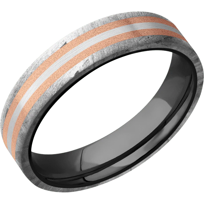 5mm wide Flat Meteorite Ring / One 3mm Centered 14k Rose Gold Inlay with Sand Blast Finish / One 1mm Centered 18k White Gold Inlay with Satin Finish / Black Zirconium Sleeve