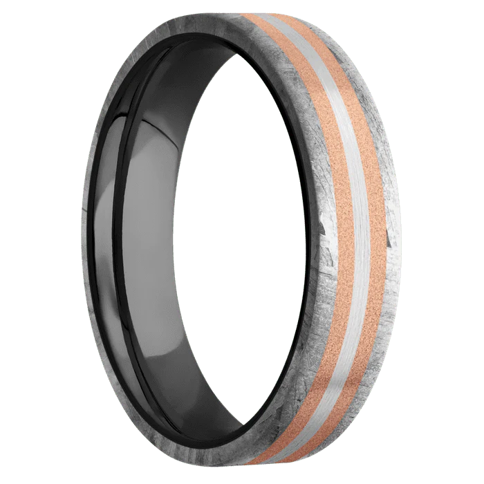 5mm wide Flat Meteorite Ring / One 3mm Centered 14k Rose Gold Inlay with Sand Blast Finish / One 1mm Centered 18k White Gold Inlay with Satin Finish / Black Zirconium Sleeve - Image 2