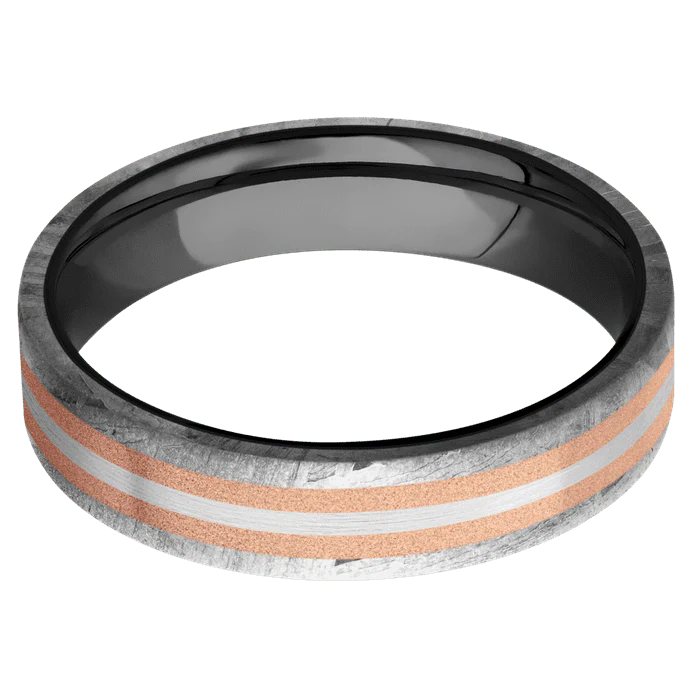 5mm wide Flat Meteorite Ring / One 3mm Centered 14k Rose Gold Inlay with Sand Blast Finish / One 1mm Centered 18k White Gold Inlay with Satin Finish / Black Zirconium Sleeve - Image 3