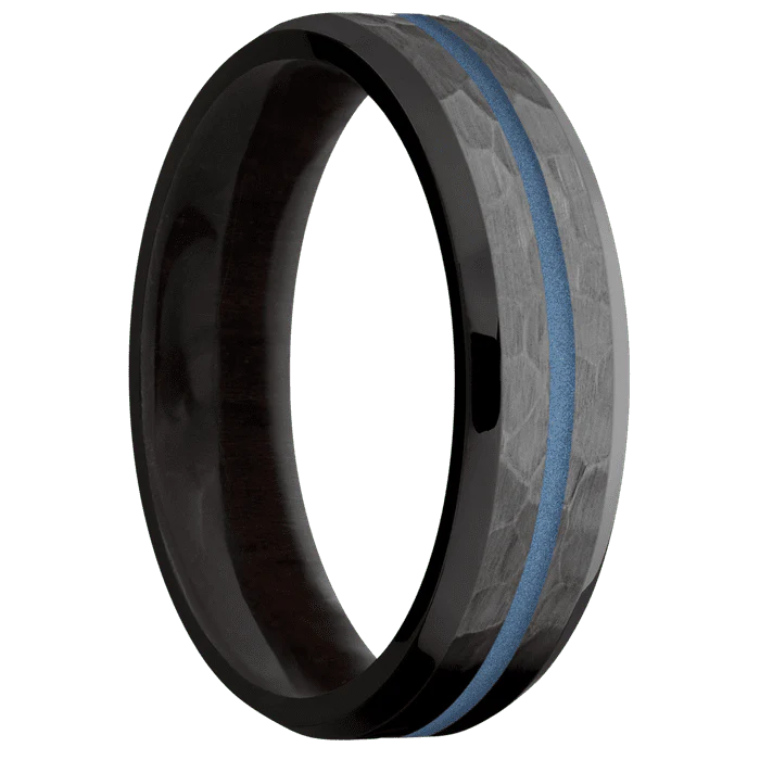 6mm wide Beveled Black Titanium Ring with Hammer Finish / One 1mm Centered Polar Blue Cerakote Inlay / Madagascar Rose Wood Sleeve - Image 2