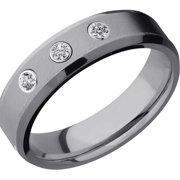 6mm wide Beveled Tantalum Ring with Angle Satin Finish / 3 Round .05 carat Lab Grown Diamond Bezel-Set Gemstones